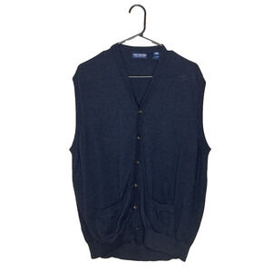 John Ashford Mens Sweater Vest Cardigan Size XL Merino Wool Navy Preppy Classic